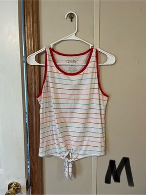 Coastal Striped Tie-Front Tank Top - White with Red Trim